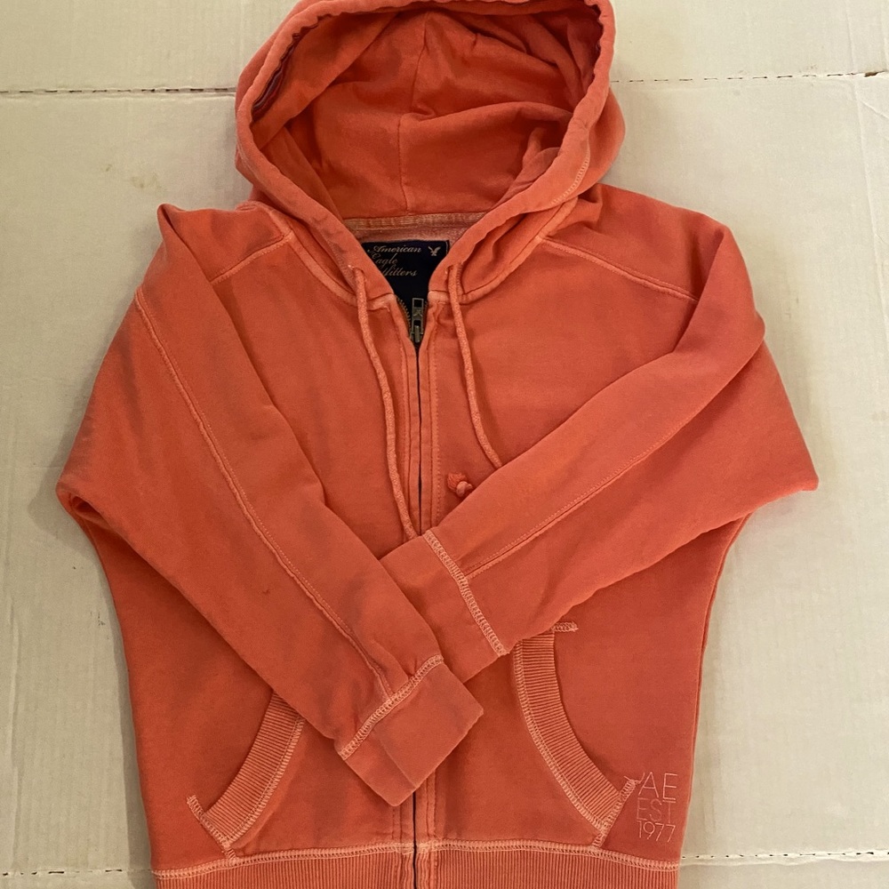 American Eagle Women XS Lightweight Hooded Fleece Jacket in Peachy Orange